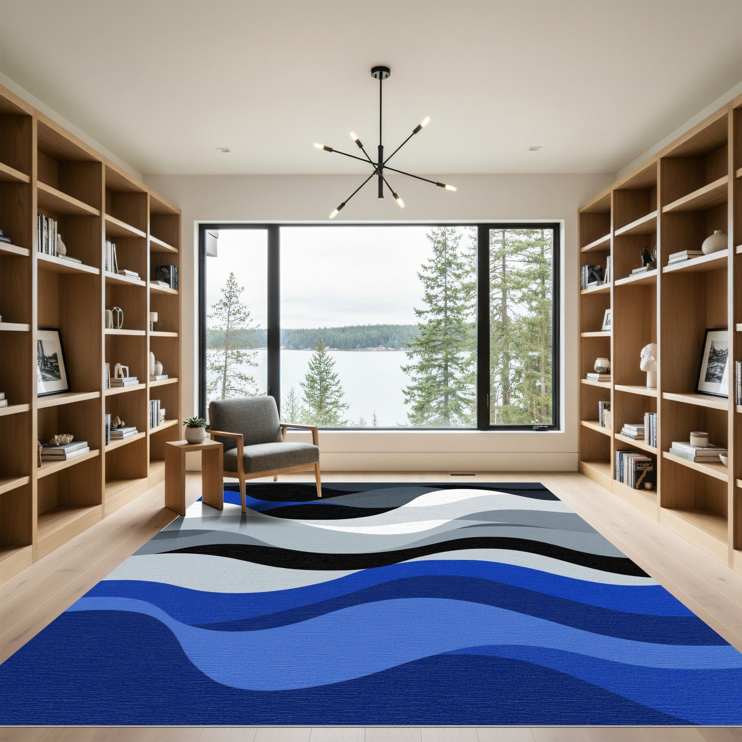 Modern Deep Blue Wave Layers Rug