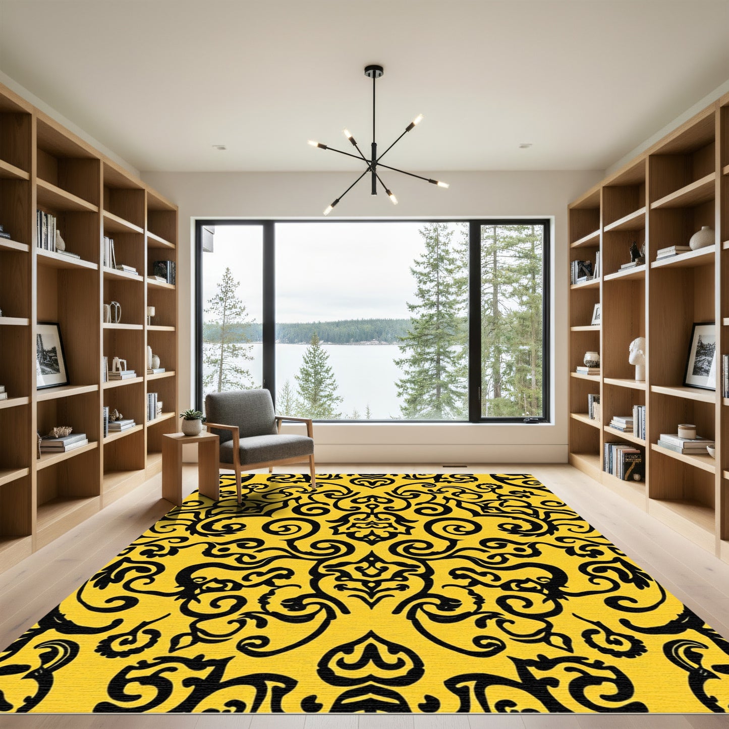 Bold Black Damask Yellow Ornament Rug