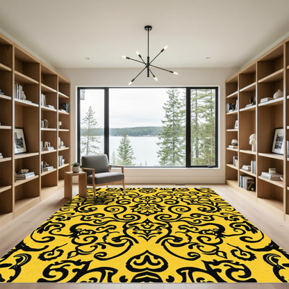 Bold Black Damask Yellow Ornament Rug
