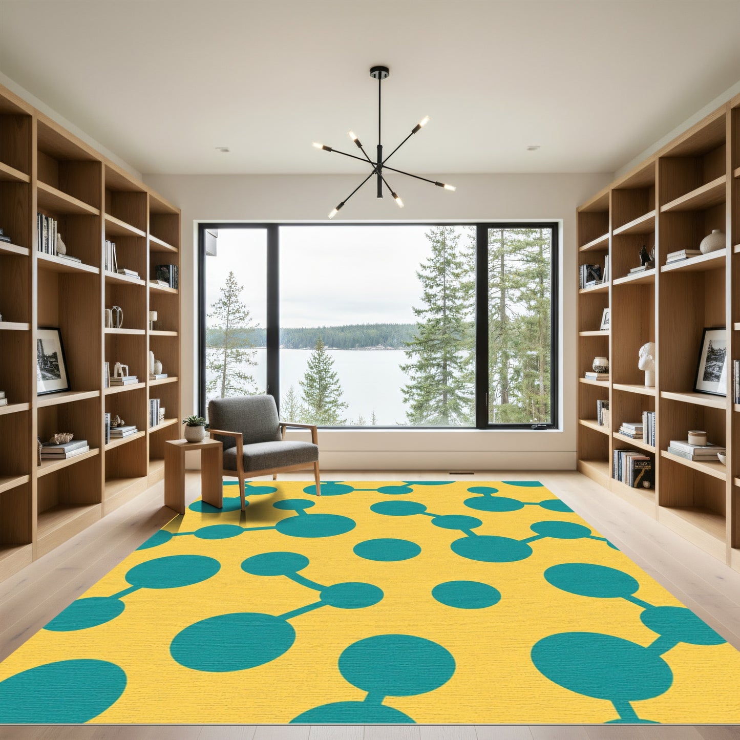 Teal Moleculae Connected Circles Yellow Rug