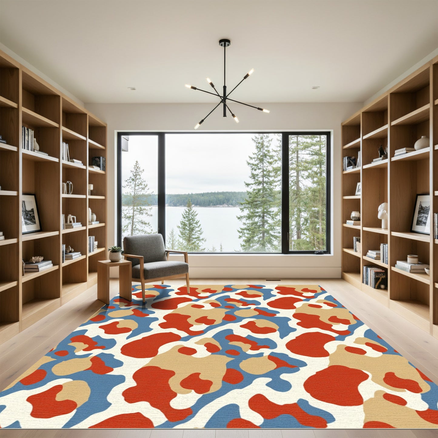 Abstract Red Tan Blue Organic Flow Rug