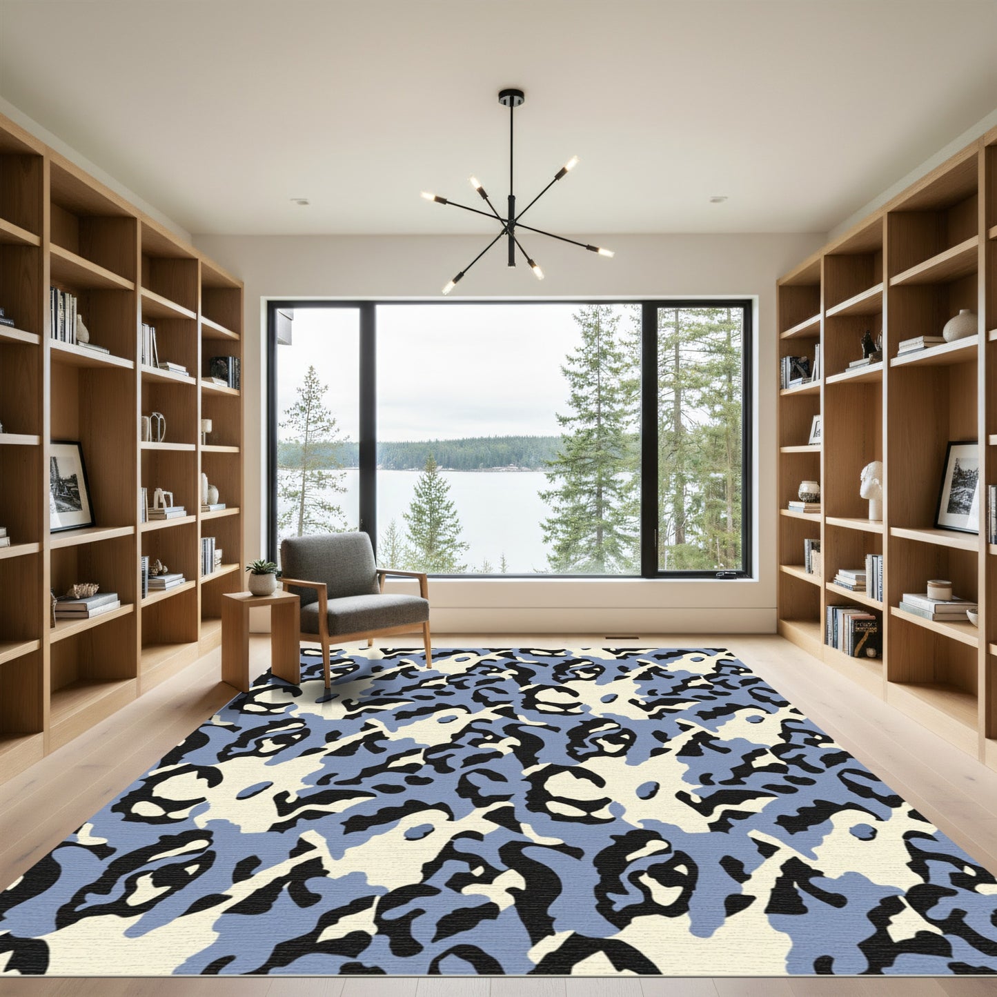Abstract Blue Black Ivory Camouflage Rug