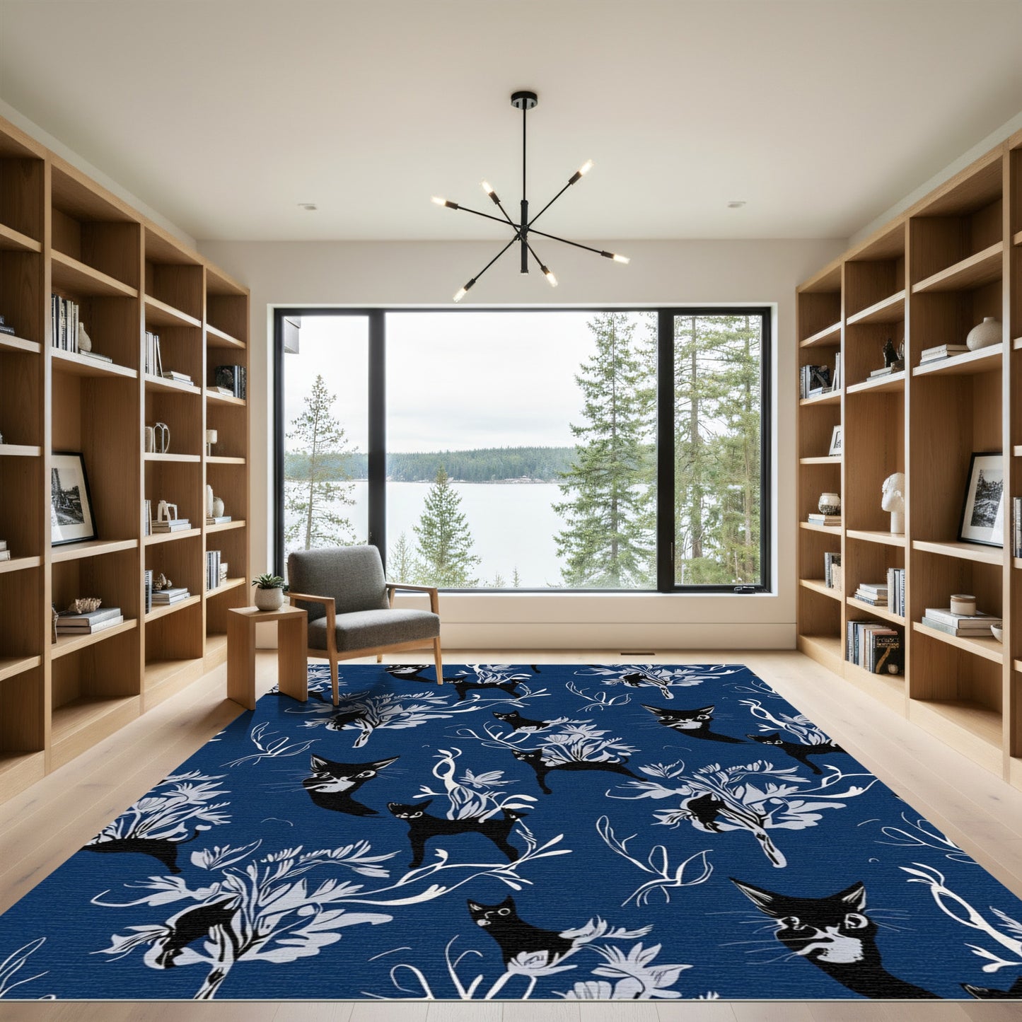 Black Cats Among Floral Sprigs Rug