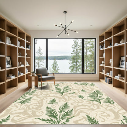 Green Fern Foliage on Cream Swirls Rug