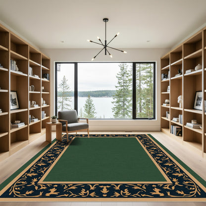 Elegant Navy Golden Floral Scroll Border Rug