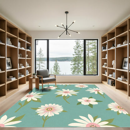 Soft White Pink Daisy Field Rug