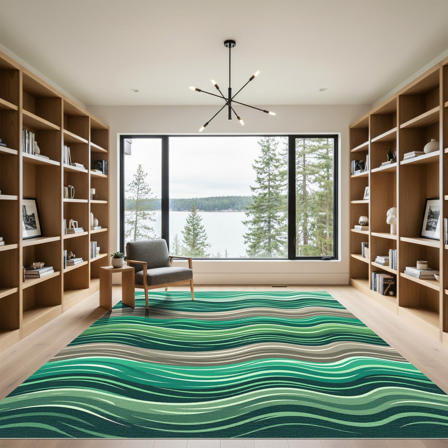 Deep Green Wavy River Abstract Rug