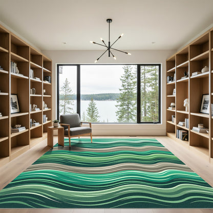 Deep Green Wavy River Abstract Rug
