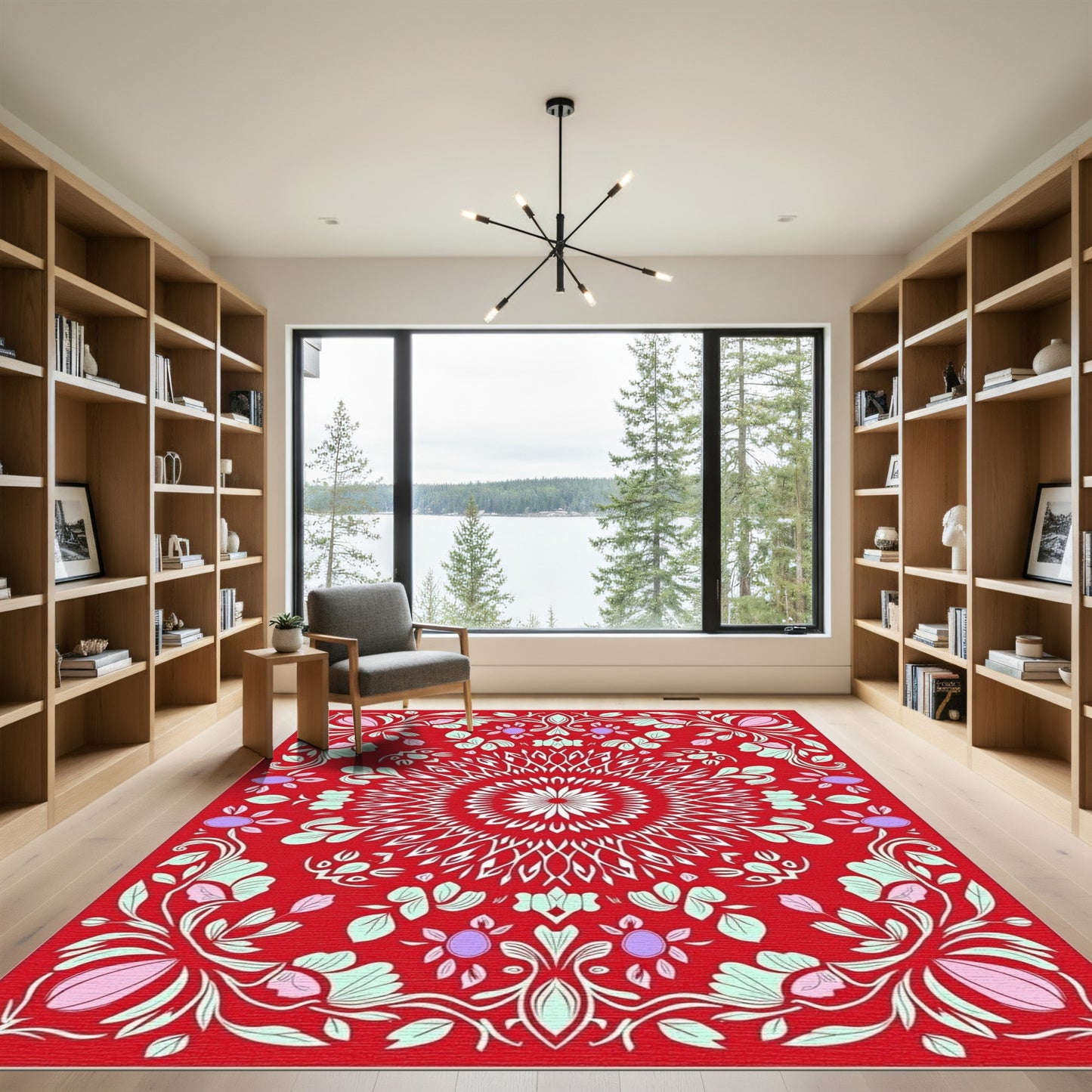 Crimson Floral Medallion Mandala Rug