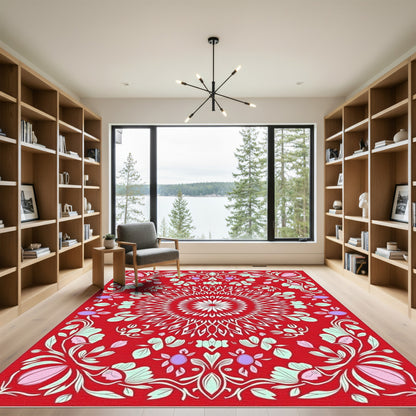 Crimson Floral Medallion Mandala Rug