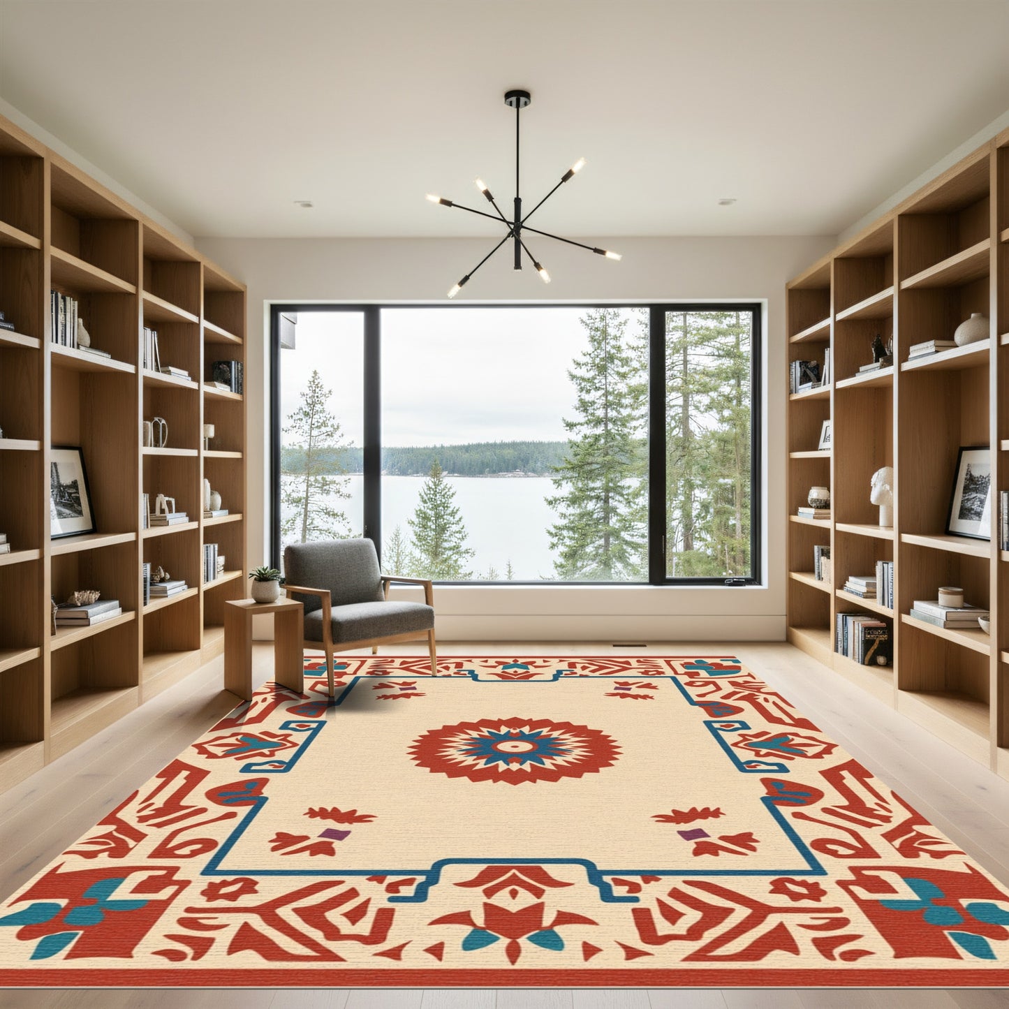 Rustic Red Blue Medallion Border Rug