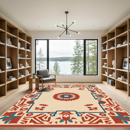 Rustic Red Blue Medallion Border Rug