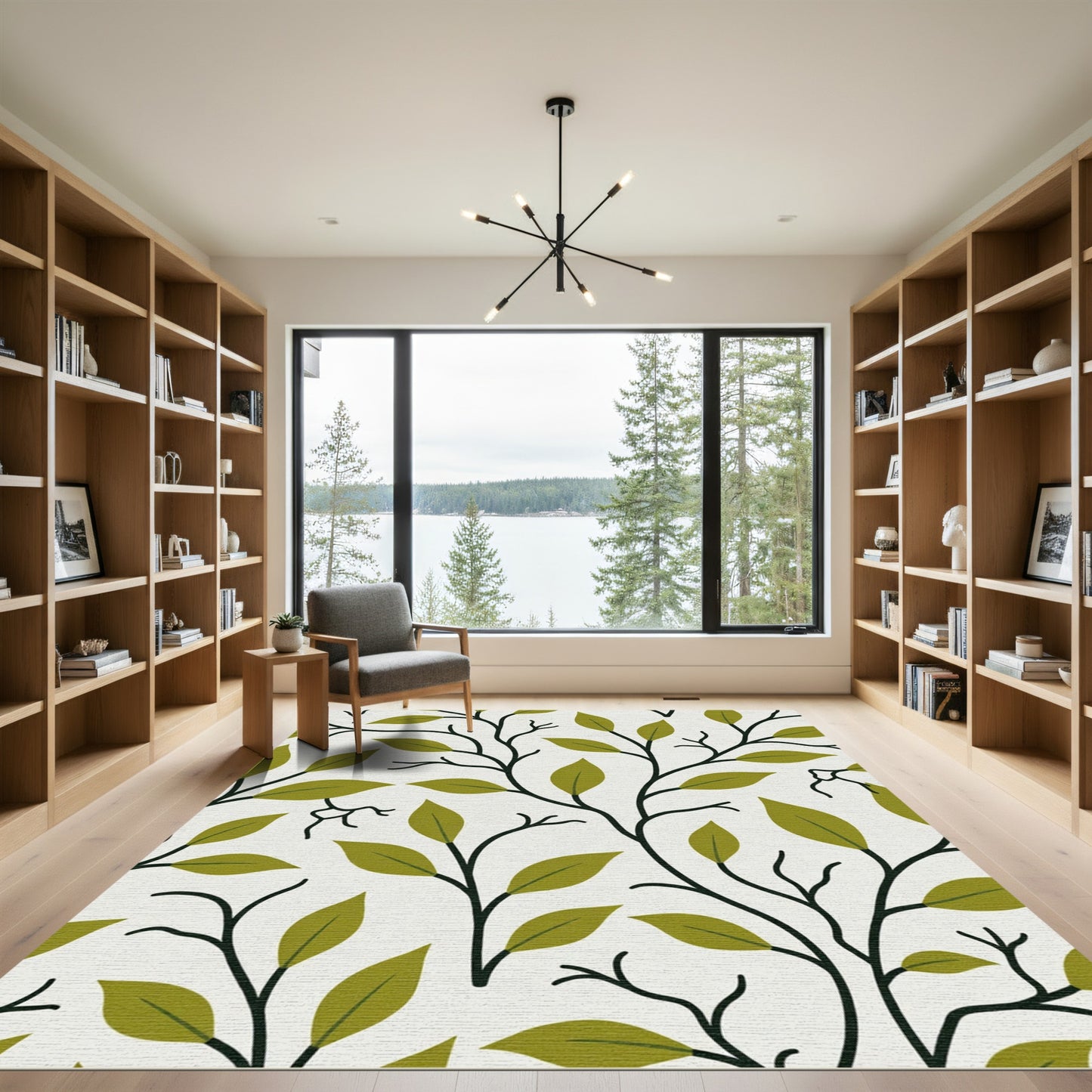 Olive Green Leafy Branch Vines Rug
