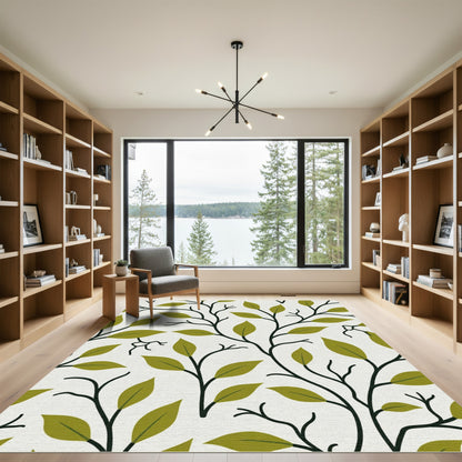 Olive Green Leafy Branch Vines Rug