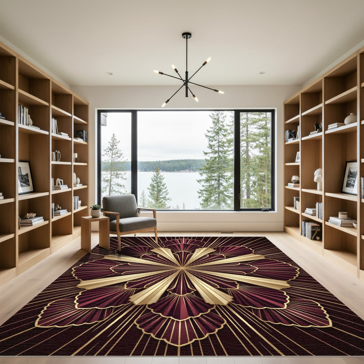 Deep Red Gold Art Deco Fan Radiance Rug