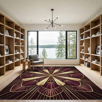 Deep Red Gold Art Deco Fan Radiance Rug