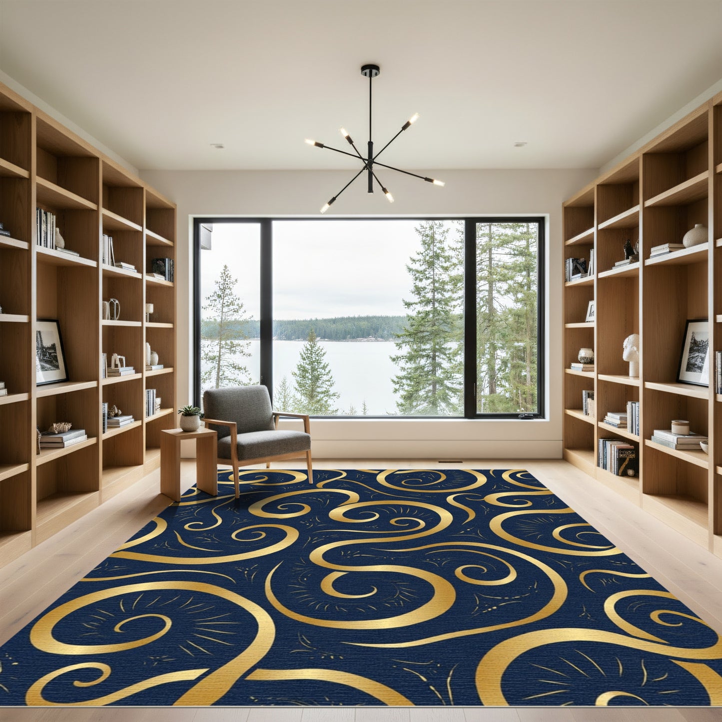 Golden Swirls on Navy Background Rug