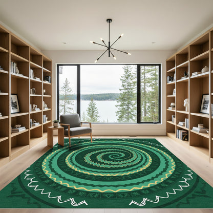 Emerald Green Swirling Tribal Rug