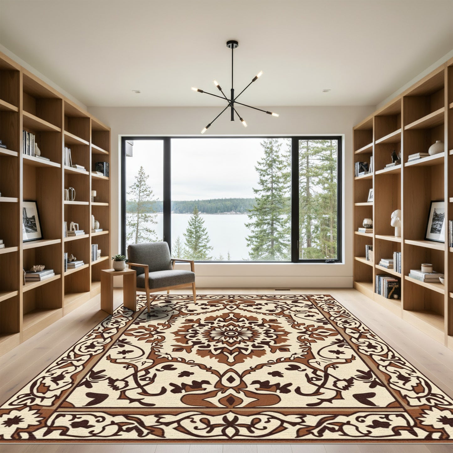 Ornate Brown and Cream Medallion Border Rug