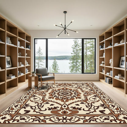 Ornate Brown and Cream Medallion Border Rug