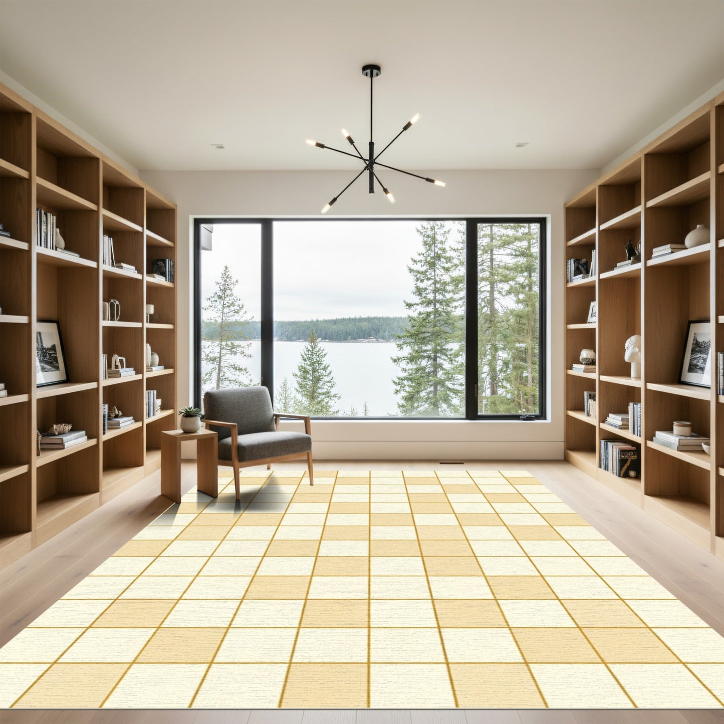 Golden Beige Checkerboard Grid Rug