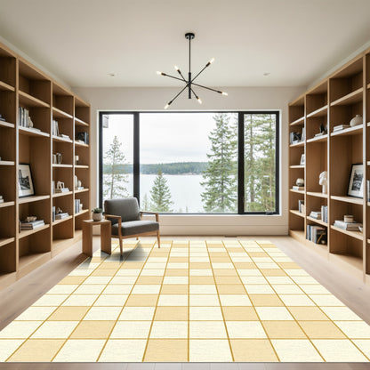 Golden Beige Checkerboard Grid Rug