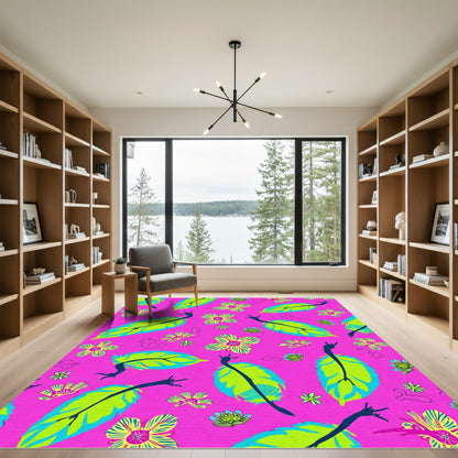 Vibrant Pink Exotic Leaf Flower Rug