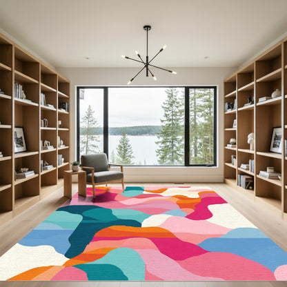 Vibrant Pink Teal Abstract Wavy Forms Rug