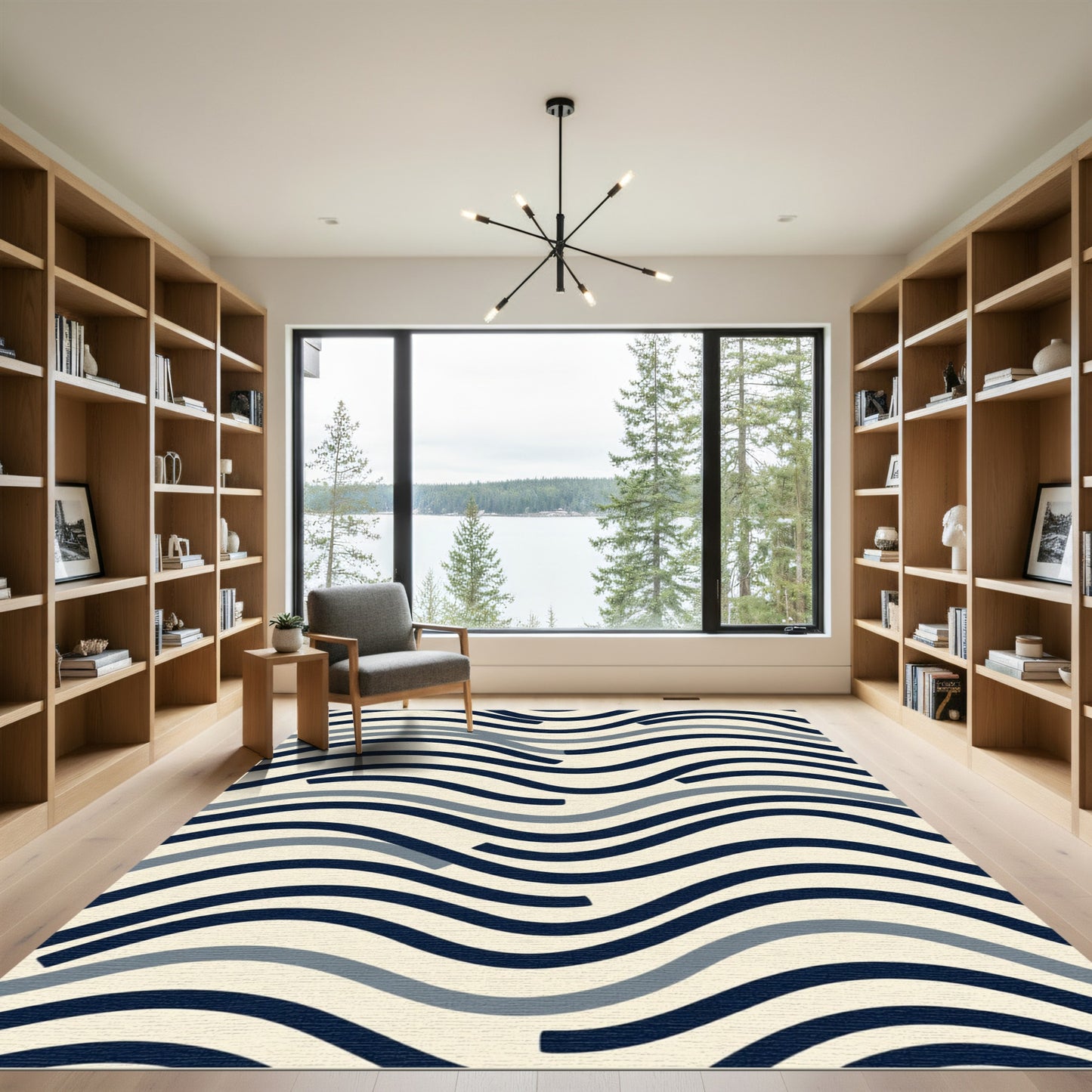 Navy Blue Gray Wave Lines Rug