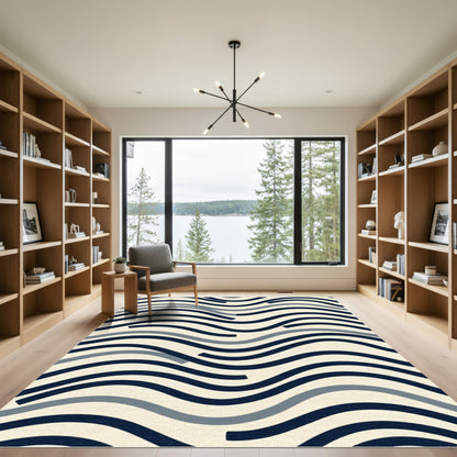 Navy Blue Gray Wave Lines Rug