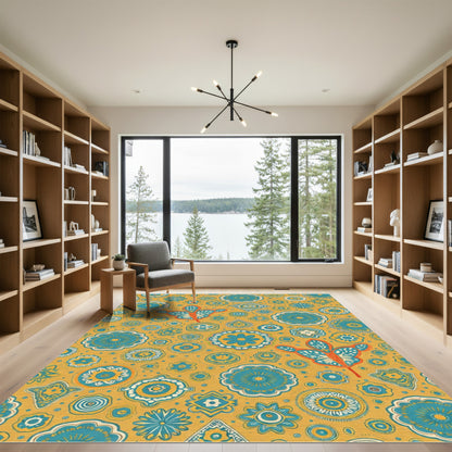 Ornate Teal Floral Medallion Yellow Rug