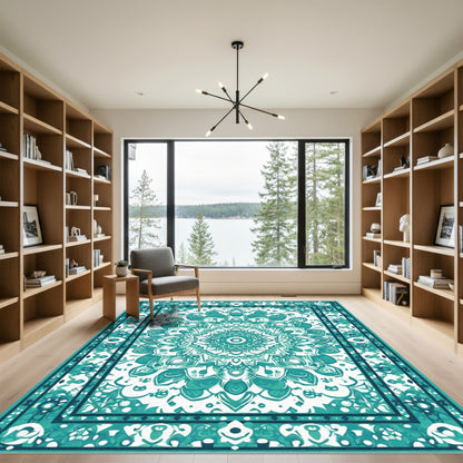 Teal Mandala Bloom Floral Art Rug