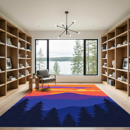 Vivid Sunset Mountain Forest Scene Rug