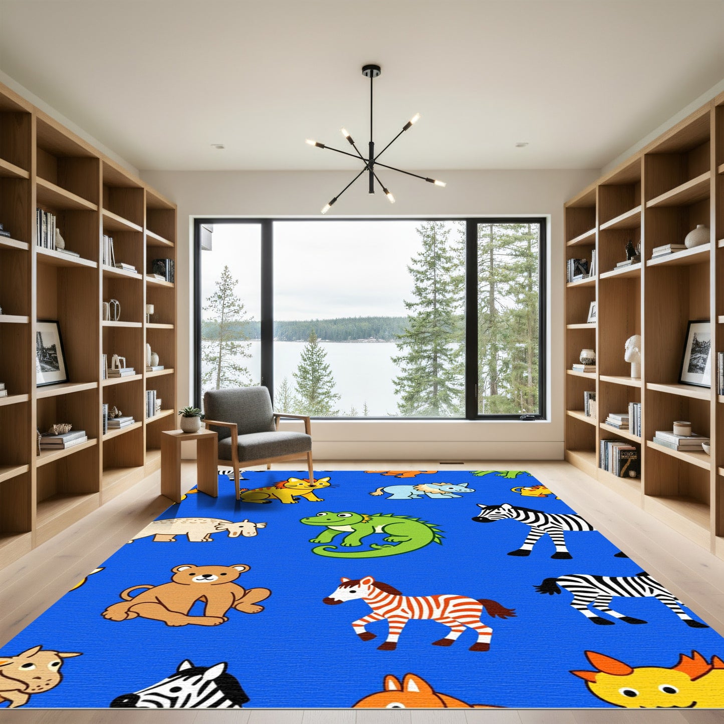 Whimsical Blue Zoo Animal Medley Rug