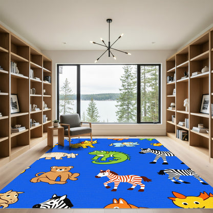 Whimsical Blue Zoo Animal Medley Rug