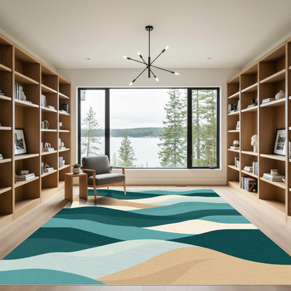 Abstract Teal Beige Wave Landscape Rug