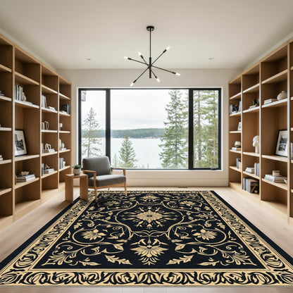 Gold Floral Vine Black Rectangle Rug