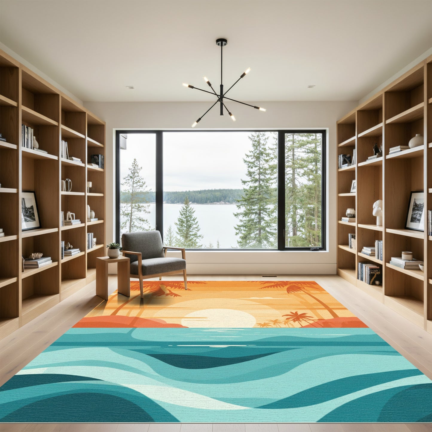 Orange Sunset Beach Palm Trees Ocean Waves Rug