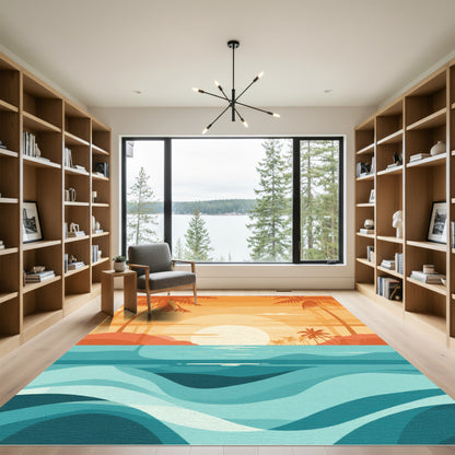 Orange Sunset Beach Palm Trees Ocean Waves Rug
