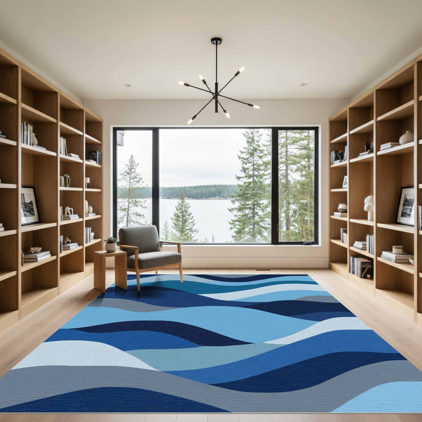 Ocean Blue Wavy Gradient Contemporary Rug
