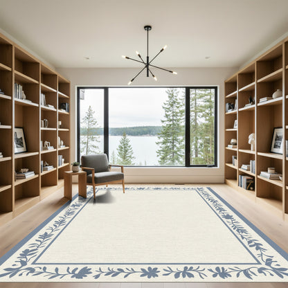 Blue Floral Botanical Border Rug