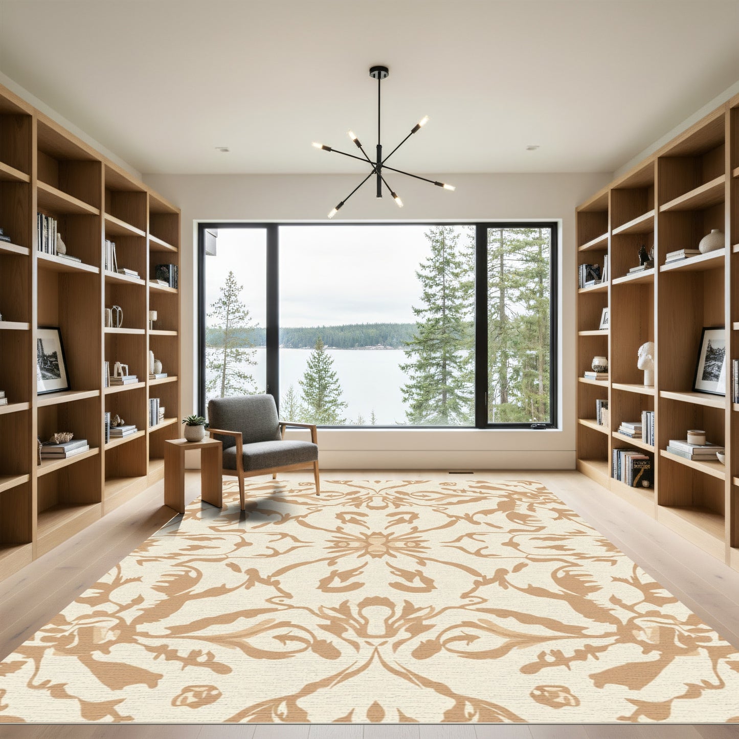 Cream and Tan Symmetrical Floral Damask Rug
