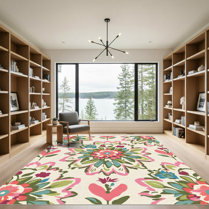 Vivid Coral Teal Floral Medallions Rug