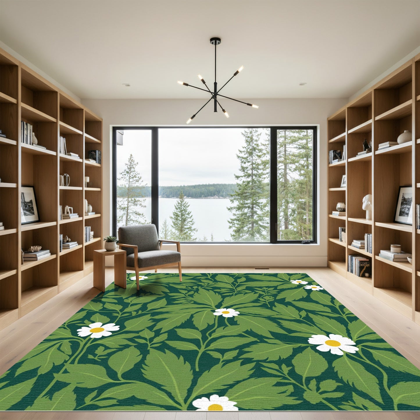 Dark Green White Daisy Foliage Rug