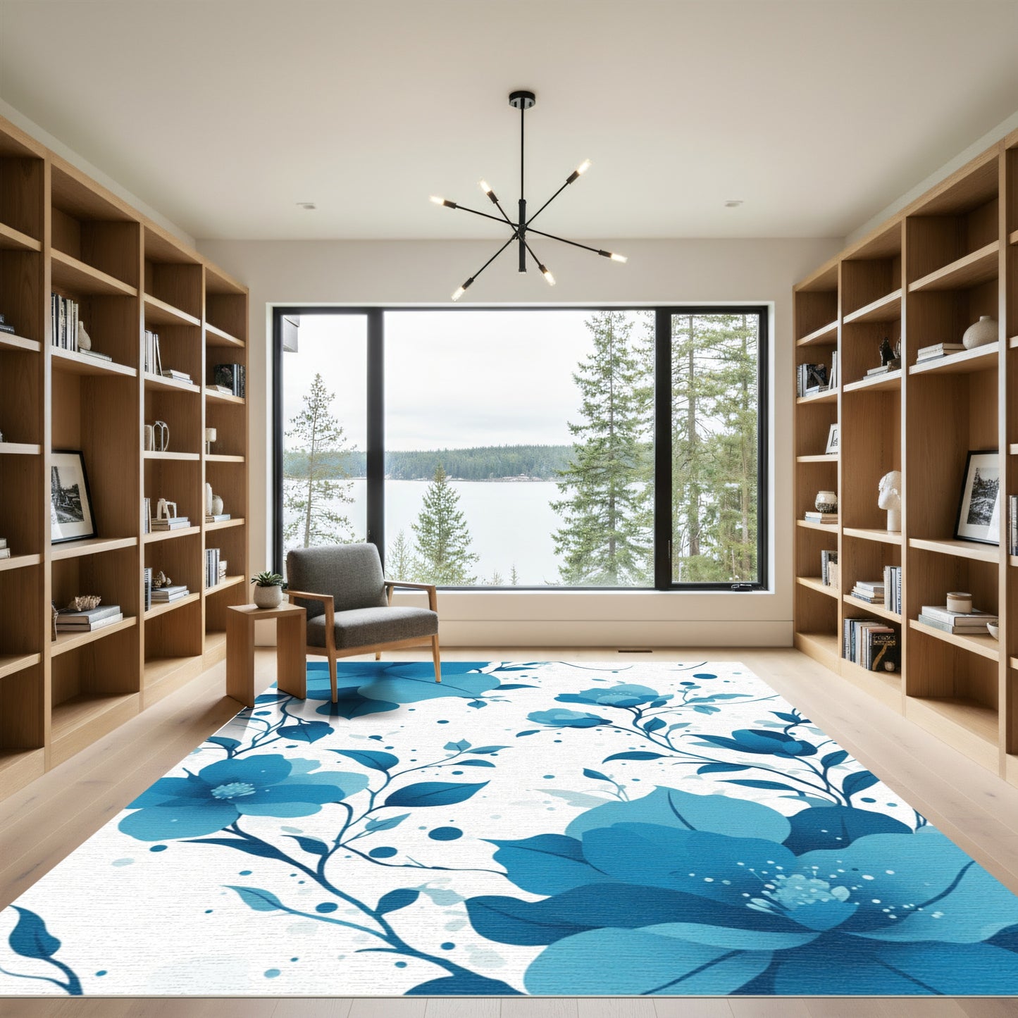 Deep Blue Floral Branching Vines Rug