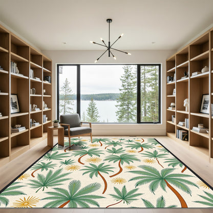 Green Coconut Palms Yellow Sunburst Pattern Rug