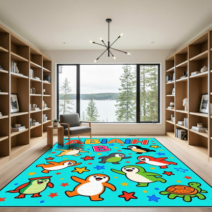 Vibrant Cartoon Penguin Alphabet Aqua Rug