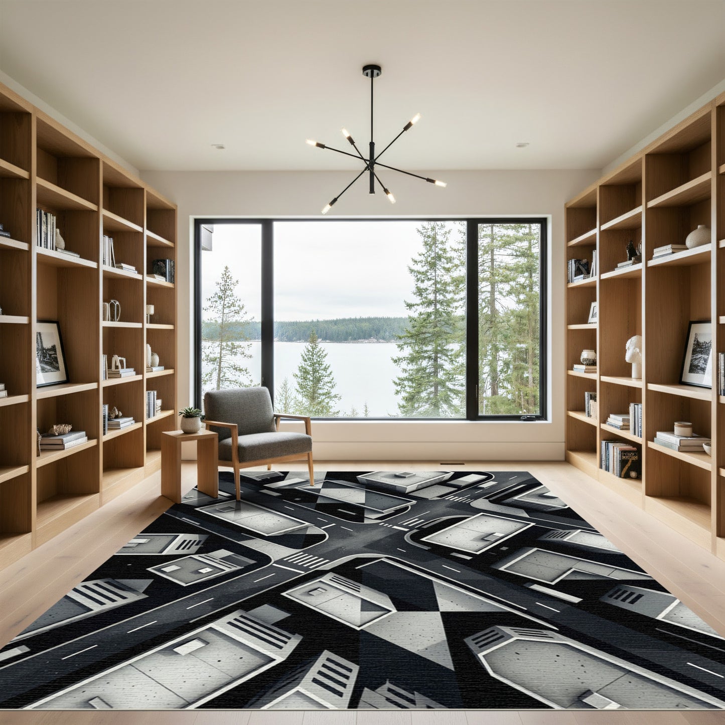 Monochromatic Geometric Cityscape Aerial View Rug