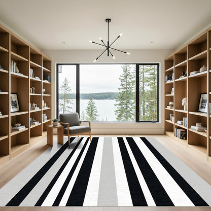 Modern Black White Gray Stripe Rug