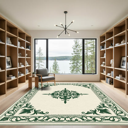 Ornate Dark Green Scroll Medallion Border Rug